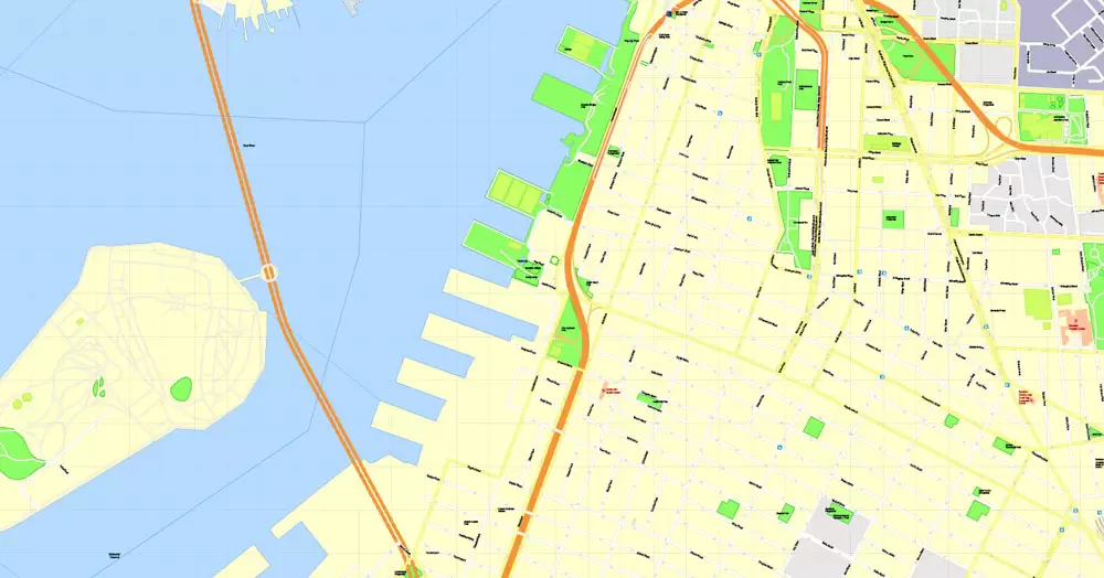 Printable Map Brooklyn, New York, exact vector street G-View Level 17 (100 meters scale) map, V.08.12. fully editable, Adobe Illustrator, full vector, scalable, editable text format of street names, 5 Mb ZIP.
