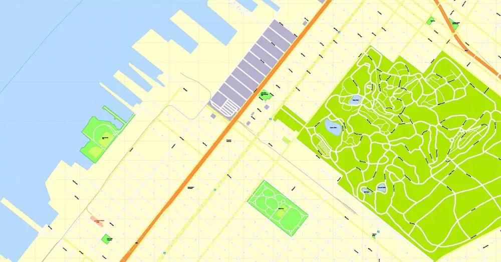 Printable Map Brooklyn, New York, exact vector street G-View Level 17 (100 meters scale) map, V.08.12. fully editable, Adobe Illustrator, full vector, scalable, editable text format of street names, 5 Mb ZIP.