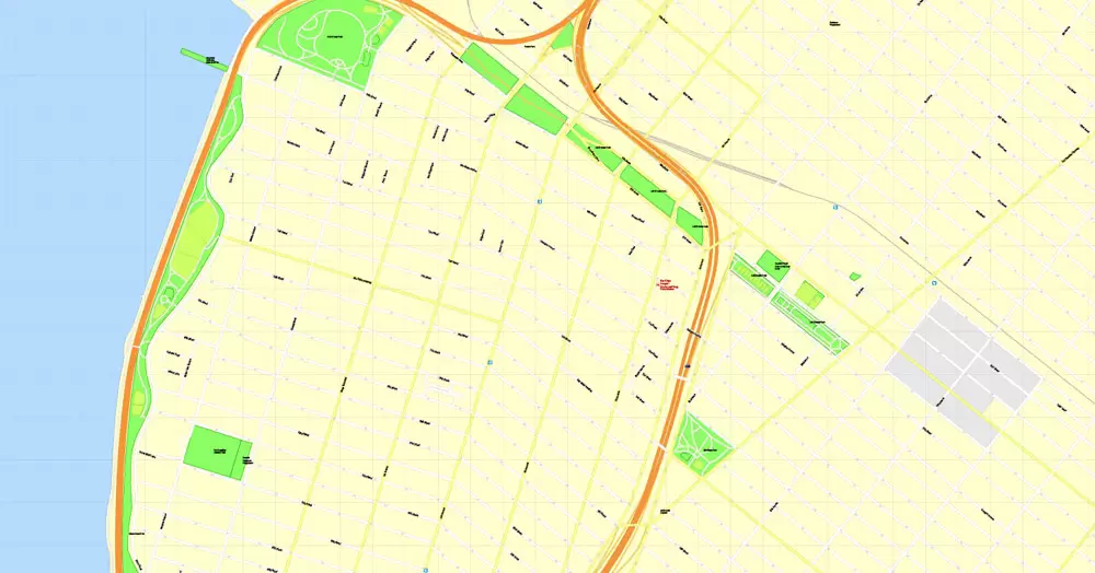 Printable Map Brooklyn, New York, exact vector street G-View Level 17 (100 meters scale) map, V.08.12. fully editable, Adobe Illustrator, full vector, scalable, editable text format of street names, 5 Mb ZIP.