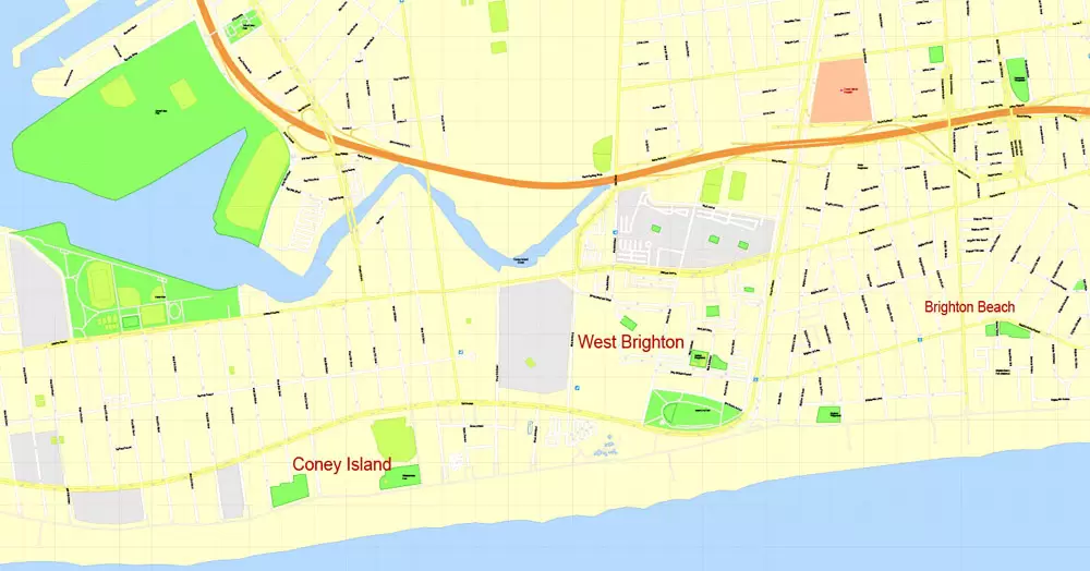 Printable Map Brooklyn, New York, exact vector street G-View Level 17 (100 meters scale) map, V.08.12. fully editable, Adobe Illustrator, full vector, scalable, editable text format of street names, 5 Mb ZIP.