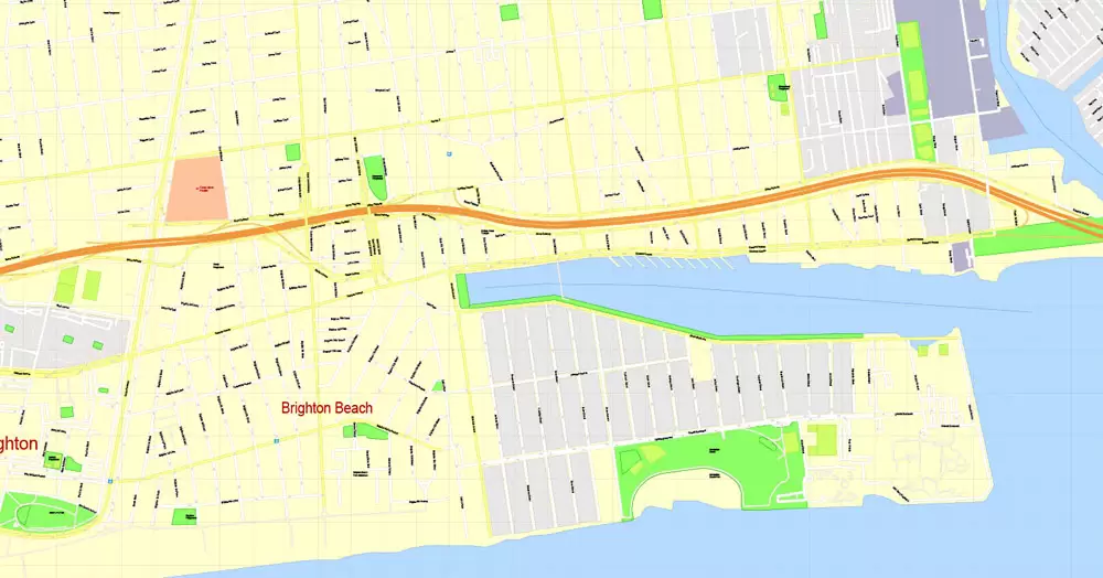 Printable Map Brooklyn, New York, exact vector street G-View Level 17 (100 meters scale) map, V.08.12. fully editable, Adobe Illustrator, full vector, scalable, editable text format of street names, 5 Mb ZIP.