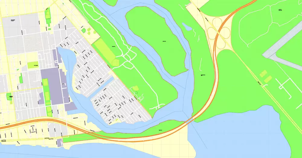 Printable Map Brooklyn, New York, exact vector street G-View Level 17 (100 meters scale) map, V.08.12. fully editable, Adobe Illustrator, full vector, scalable, editable text format of street names, 5 Mb ZIP.