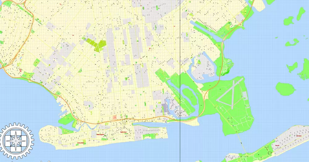 Printable Map Brooklyn, New York, exact vector street G-View Level 17 (100 meters scale) map, V.08.12. fully editable, Adobe Illustrator, full vector, scalable, editable text format of street names, 5 Mb ZIP.