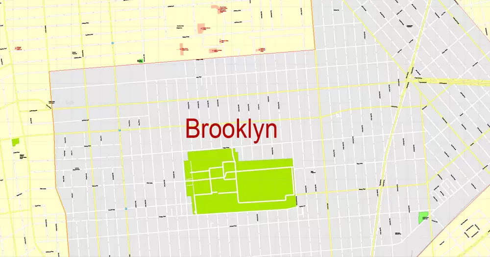 Printable Map Brooklyn, New York, exact vector street G-View Level 17 (100 meters scale) map, V.08.12. fully editable, Adobe Illustrator, full vector, scalable, editable text format of street names, 5 Mb ZIP.