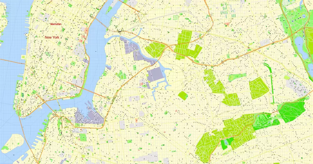 Printable Map Brooklyn, New York, exact vector street G-View Level 17 (100 meters scale) map, V.08.12. fully editable, Adobe Illustrator, full vector, scalable, editable text format of street names, 5 Mb ZIP.