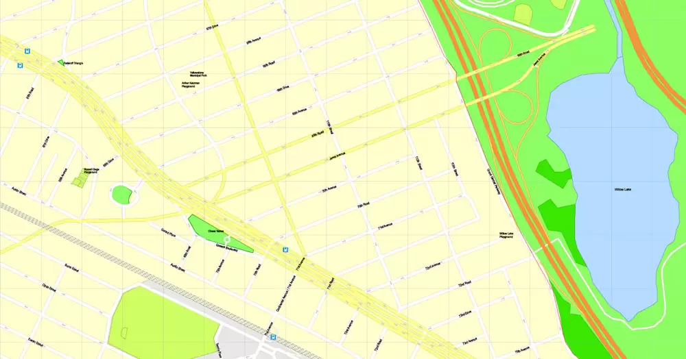 Printable Map Brooklyn, New York, exact vector street G-View Level 17 (100 meters scale) map, V.08.12. fully editable, Adobe Illustrator, full vector, scalable, editable text format of street names, 5 Mb ZIP.