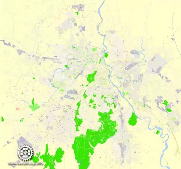 Delhi Printable Map, India, exact vector street G-View Level 17 (100 meters scale) map, V.14.12. fully editable, Adobe Illustrator
