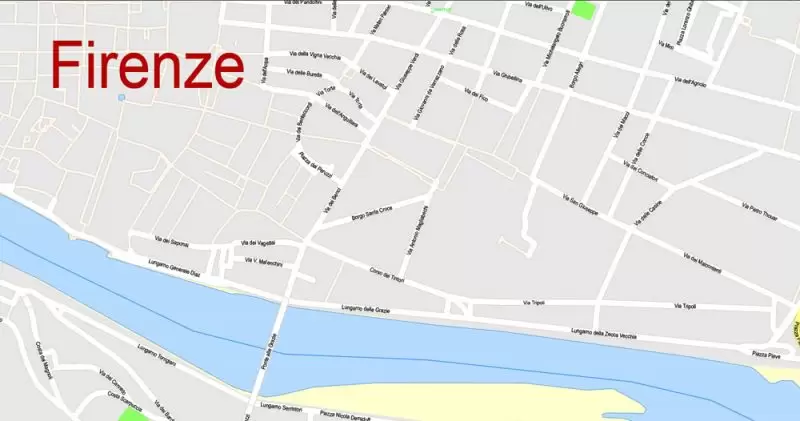 Printable Map Florence Firenze, Italy, exact vector street G-View Level 17 (100 meters scale) map, V.16.12. fully editable, Adobe Illustrator, full vector, scalable, editable text format of street names, 7 Mb ZIP.