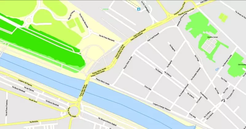 Printable Map Florence Firenze, Italy, exact vector street G-View Level 17 (100 meters scale) map, V.16.12. fully editable, Adobe Illustrator, full vector, scalable, editable text format of street names, 7 Mb ZIP.