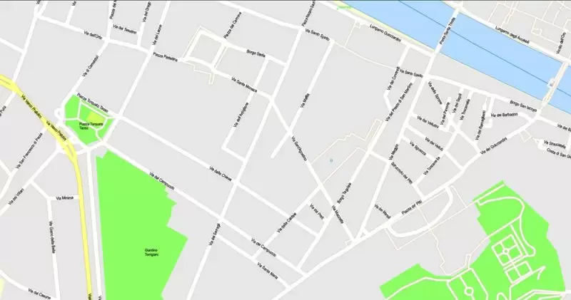 Printable Map Florence Firenze, Italy, exact vector street G-View Level 17 (100 meters scale) map, V.16.12. fully editable, Adobe Illustrator, full vector, scalable, editable text format of street names, 7 Mb ZIP.