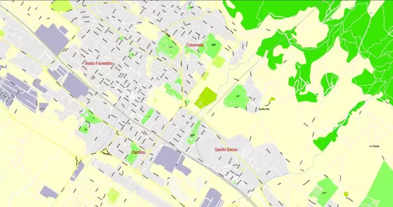 Printable Map Florence Firenze, Italy, exact vector street G-View Level 17 (100 meters scale) map, V.16.12. fully editable, Adobe Illustrator, full vector, scalable, editable text format of street names, 7 Mb ZIP.