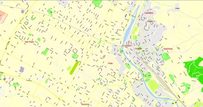 Printable Map Florence Firenze, Italy, exact vector street G-View Level 17 (100 meters scale) map, V.16.12. fully editable, Adobe Illustrator, full vector, scalable, editable text format of street names, 7 Mb ZIP.