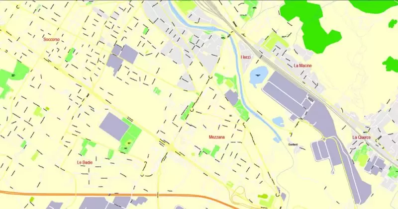 Printable Map Florence Firenze, Italy, exact vector street G-View Level 17 (100 meters scale) map, V.16.12. fully editable, Adobe Illustrator, full vector, scalable, editable text format of street names, 7 Mb ZIP.