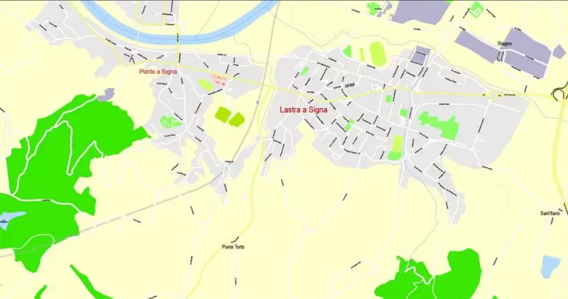Printable Map Florence Firenze, Italy, exact vector street G-View Level 17 (100 meters scale) map, V.16.12. fully editable, Adobe Illustrator, full vector, scalable, editable text format of street names, 7 Mb ZIP.