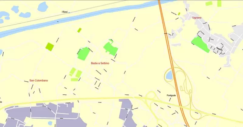 Printable Map Florence Firenze, Italy, exact vector street G-View Level 17 (100 meters scale) map, V.16.12. fully editable, Adobe Illustrator, full vector, scalable, editable text format of street names, 7 Mb ZIP.