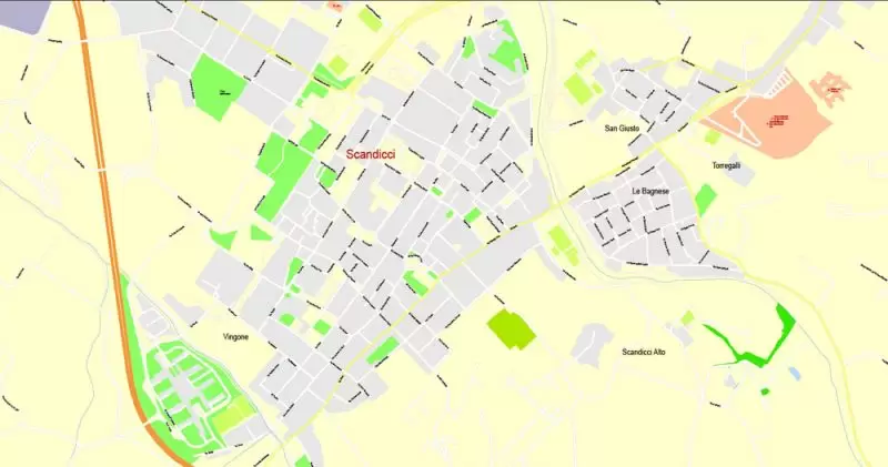 Printable Map Florence Firenze, Italy, exact vector street G-View Level 17 (100 meters scale) map, V.16.12. fully editable, Adobe Illustrator, full vector, scalable, editable text format of street names, 7 Mb ZIP.