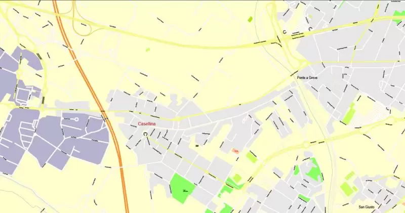 Printable Map Florence Firenze, Italy, exact vector street G-View Level 17 (100 meters scale) map, V.16.12. fully editable, Adobe Illustrator, full vector, scalable, editable text format of street names, 7 Mb ZIP.