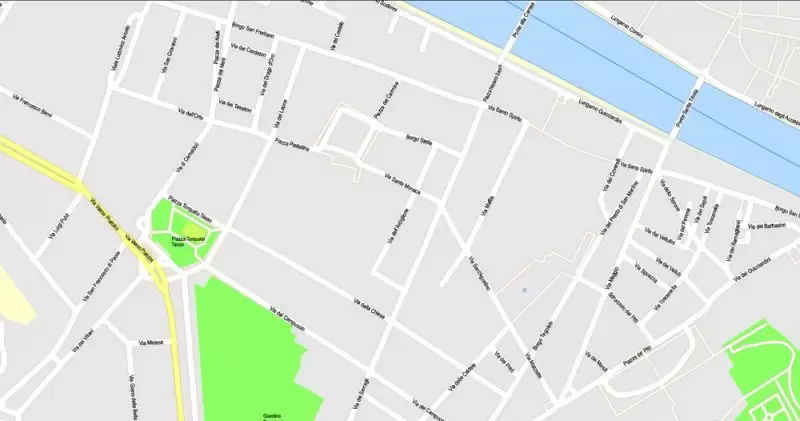 Printable Map Florence Firenze, Italy, exact vector street G-View Level 17 (100 meters scale) map, V.16.12. fully editable, Adobe Illustrator, full vector, scalable, editable text format of street names, 7 Mb ZIP.