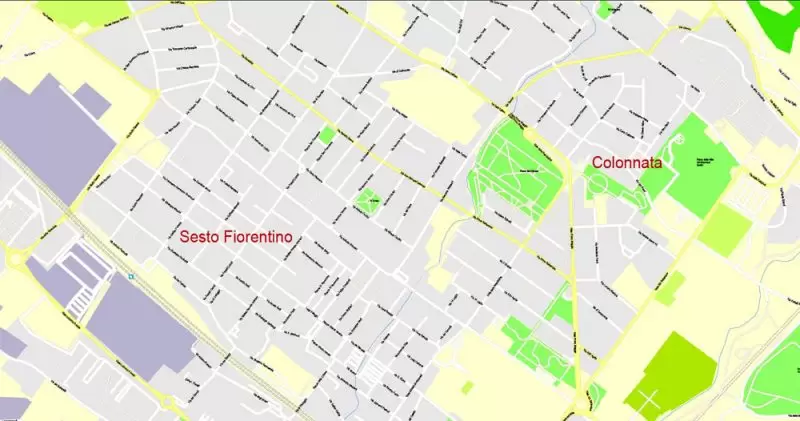Printable Map Florence Firenze, Italy, exact vector street G-View Level 17 (100 meters scale) map, V.16.12. fully editable, Adobe Illustrator, full vector, scalable, editable text format of street names, 7 Mb ZIP.