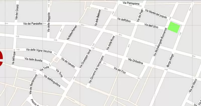 Printable Map Florence Firenze, Italy, exact vector street G-View Level 17 (100 meters scale) map, V.16.12. fully editable, Adobe Illustrator, full vector, scalable, editable text format of street names, 7 Mb ZIP.