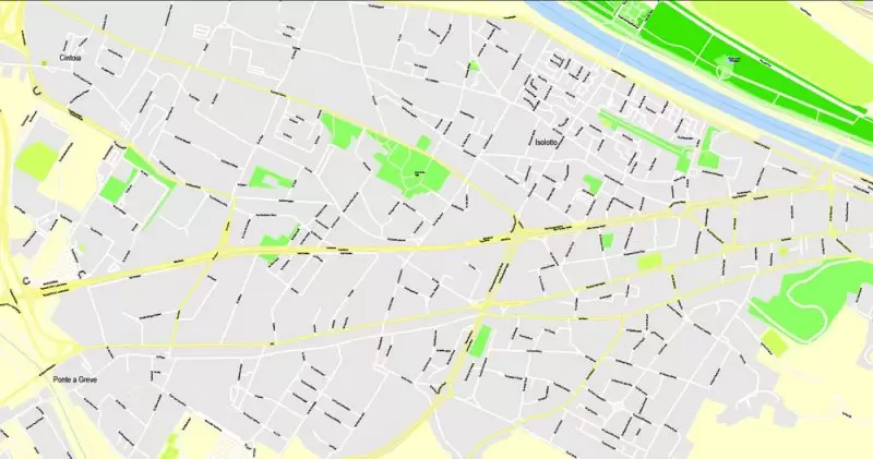 Printable Map Florence Firenze, Italy, exact vector street G-View Level 17 (100 meters scale) map, V.16.12. fully editable, Adobe Illustrator, full vector, scalable, editable text format of street names, 7 Mb ZIP.