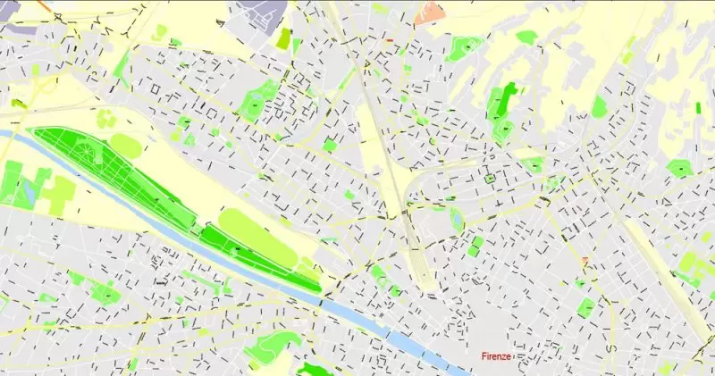 Printable Map Florence Firenze, Italy, exact vector street G-View Level 17 (100 meters scale) map, V.16.12. fully editable, Adobe Illustrator, full vector, scalable, editable text format of street names, 7 Mb ZIP.