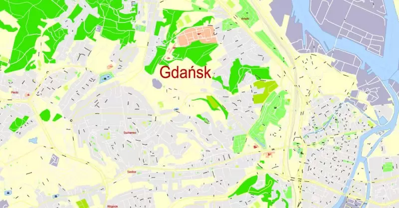 Printable Map Gdansk + Gdynia + Sopot, Poland, exact vector street G-View Level 17 (100 meters scale) map, V.17.12. fully editable, Adobe Illustrator, full vector, scalable, editable text format of street names, 39 Mb ZIP.