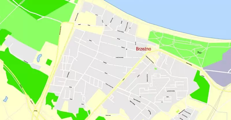 Printable Map Gdansk + Gdynia + Sopot, Poland, exact vector street G-View Level 17 (100 meters scale) map, V.17.12. fully editable, Adobe Illustrator, full vector, scalable, editable text format of street names, 39 Mb ZIP.