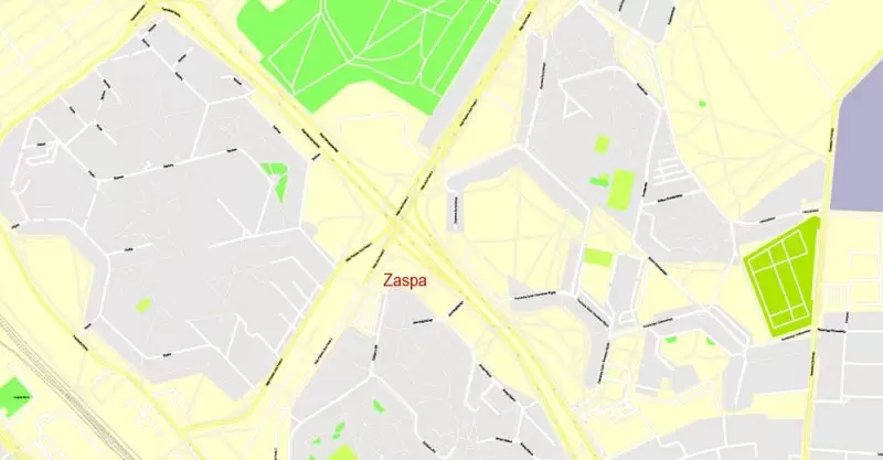Printable Map Gdansk + Gdynia + Sopot, Poland, exact vector street G-View Level 17 (100 meters scale) map, V.17.12. fully editable, Adobe Illustrator, full vector, scalable, editable text format of street names, 39 Mb ZIP.