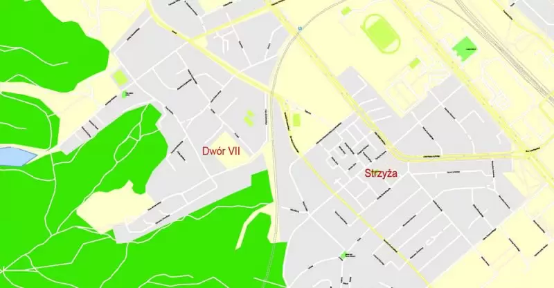 Printable Map Gdansk + Gdynia + Sopot, Poland, exact vector street G-View Level 17 (100 meters scale) map, V.17.12. fully editable, Adobe Illustrator, full vector, scalable, editable text format of street names, 39 Mb ZIP.
