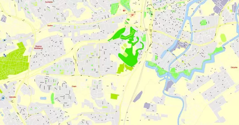 Printable Map Gdansk + Gdynia + Sopot, Poland, exact vector street G-View Level 17 (100 meters scale) map, V.17.12. fully editable, Adobe Illustrator, full vector, scalable, editable text format of street names, 39 Mb ZIP.