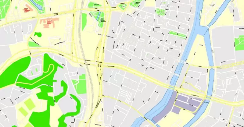 Printable Map Gdansk + Gdynia + Sopot, Poland, exact vector street G-View Level 17 (100 meters scale) map, V.17.12. fully editable, Adobe Illustrator, full vector, scalable, editable text format of street names, 39 Mb ZIP.