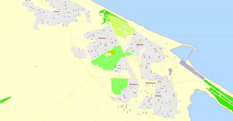 Printable Map Gdansk + Gdynia + Sopot, Poland, exact vector street G-View Level 17 (100 meters scale) map, V.17.12. fully editable, Adobe Illustrator, full vector, scalable, editable text format of street names, 39 Mb ZIP.