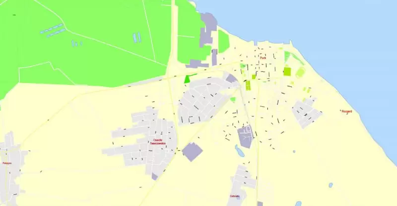Printable Map Gdansk + Gdynia + Sopot, Poland, exact vector street G-View Level 17 (100 meters scale) map, V.17.12. fully editable, Adobe Illustrator, full vector, scalable, editable text format of street names, 39 Mb ZIP.