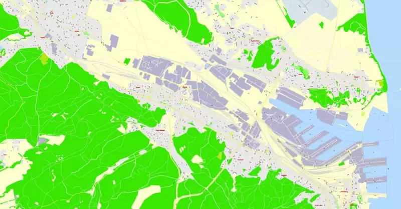 Printable Map Gdansk + Gdynia + Sopot, Poland, exact vector street G-View Level 17 (100 meters scale) map, V.17.12. fully editable, Adobe Illustrator, full vector, scalable, editable text format of street names, 39 Mb ZIP.