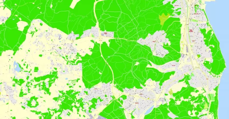 Printable Map Gdansk + Gdynia + Sopot, Poland, exact vector street G-View Level 17 (100 meters scale) map, V.17.12. fully editable, Adobe Illustrator, full vector, scalable, editable text format of street names, 39 Mb ZIP.