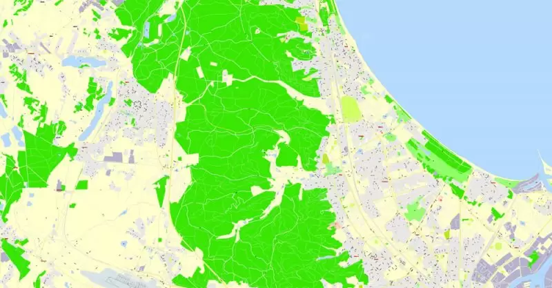 Printable Map Gdansk + Gdynia + Sopot, Poland, exact vector street G-View Level 17 (100 meters scale) map, V.17.12. fully editable, Adobe Illustrator, full vector, scalable, editable text format of street names, 39 Mb ZIP.