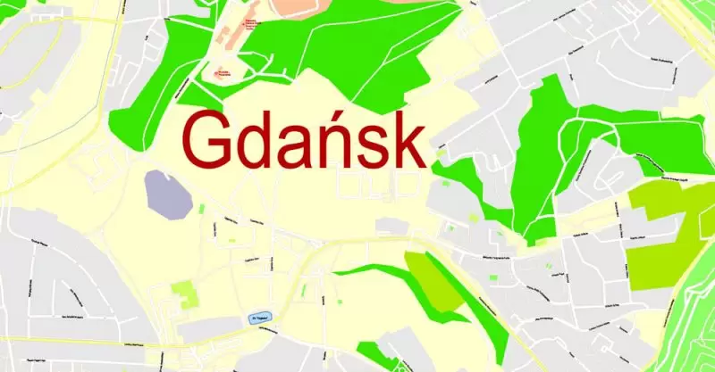Printable Map Gdansk + Gdynia + Sopot, Poland, exact vector street G-View Level 17 (100 meters scale) map, V.17.12. fully editable, Adobe Illustrator, full vector, scalable, editable text format of street names, 39 Mb ZIP.