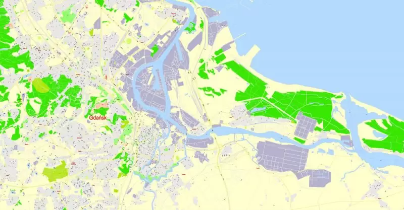 Printable Map Gdansk + Gdynia + Sopot, Poland, exact vector street G-View Level 17 (100 meters scale) map, V.17.12. fully editable, Adobe Illustrator, full vector, scalable, editable text format of street names, 39 Mb ZIP.