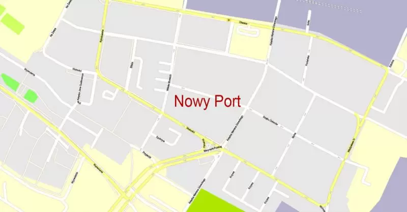 Printable Map Gdansk + Gdynia + Sopot, Poland, exact vector street G-View Level 17 (100 meters scale) map, V.17.12. fully editable, Adobe Illustrator, full vector, scalable, editable text format of street names, 39 Mb ZIP.