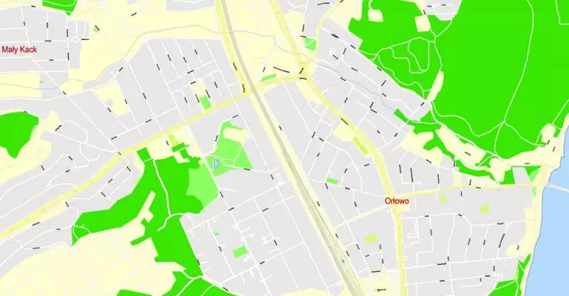 Printable Map Gdansk + Gdynia + Sopot, Poland, exact vector street G-View Level 17 (100 meters scale) map, V.17.12. fully editable, Adobe Illustrator, full vector, scalable, editable text format of street names, 39 Mb ZIP.