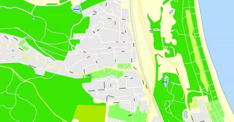 Printable Map Gdansk + Gdynia + Sopot, Poland, exact vector street G-View Level 17 (100 meters scale) map, V.17.12. fully editable, Adobe Illustrator, full vector, scalable, editable text format of street names, 39 Mb ZIP.