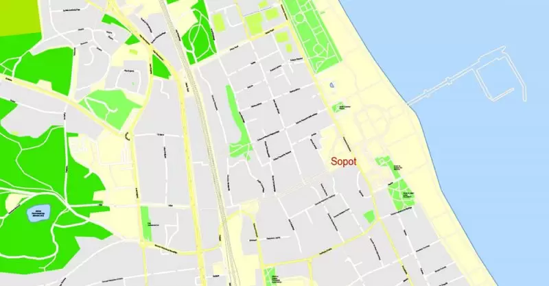 Printable Map Gdansk + Gdynia + Sopot, Poland, exact vector street G-View Level 17 (100 meters scale) map, V.17.12. fully editable, Adobe Illustrator, full vector, scalable, editable text format of street names, 39 Mb ZIP.
