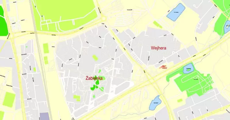 Printable Map Gdansk + Gdynia + Sopot, Poland, exact vector street G-View Level 17 (100 meters scale) map, V.17.12. fully editable, Adobe Illustrator, full vector, scalable, editable text format of street names, 39 Mb ZIP.