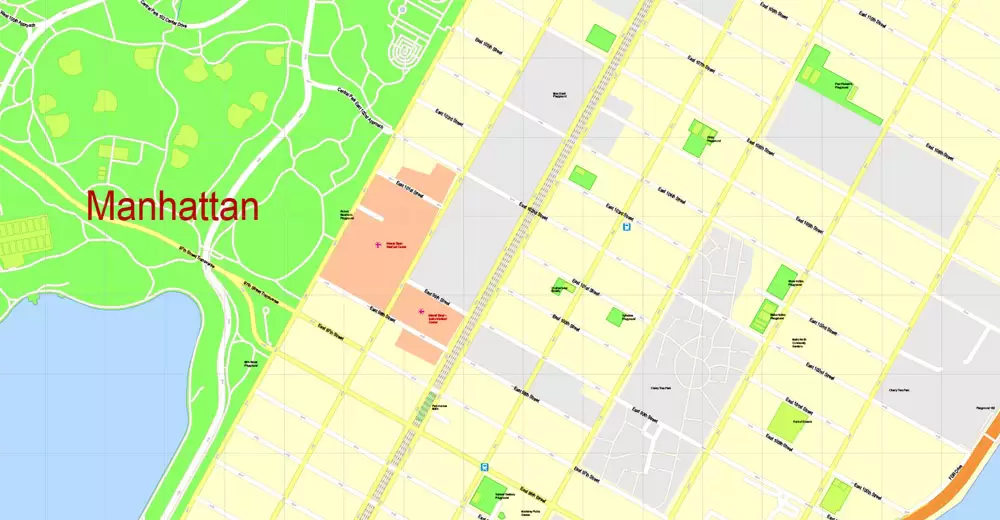 Printable Map Manhattan, New York, exact vector street G-View Level 17 (100 meters scale) map, V.08.12. fully editable, Adobe Illustrator, full vector, scalable, editable text format of street names, 4 Mb ZIP.