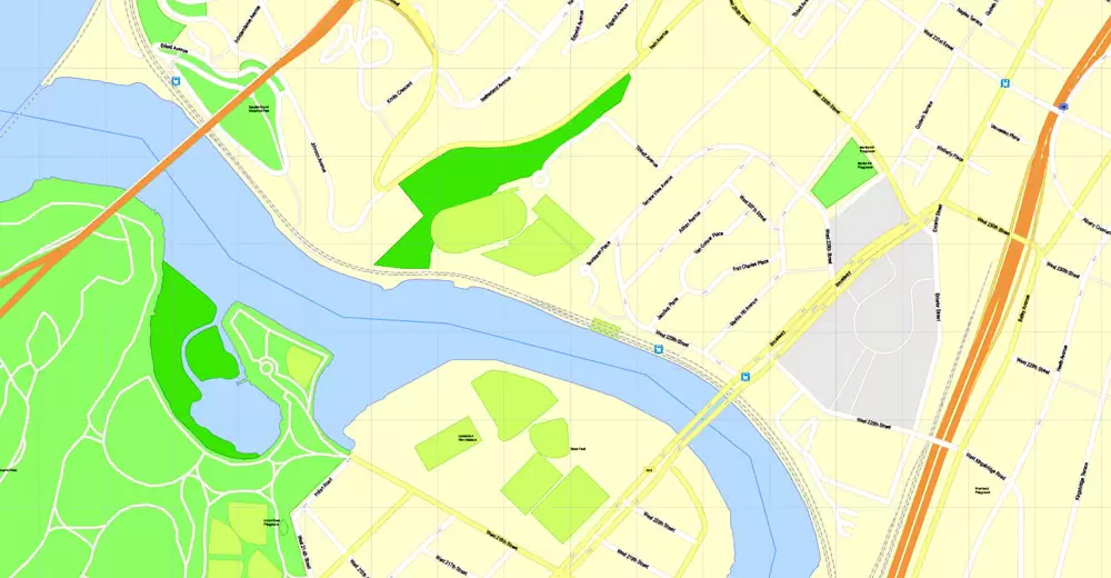 Printable Map Manhattan, New York, exact vector street G-View Level 17 (100 meters scale) map, V.08.12. fully editable, Adobe Illustrator, full vector, scalable, editable text format of street names, 4 Mb ZIP.