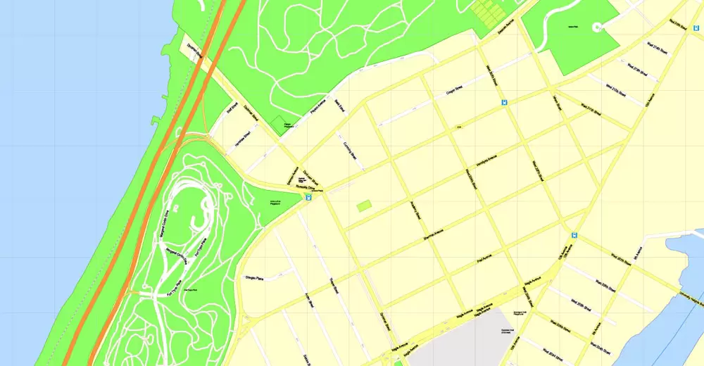 Printable Map Manhattan, New York, exact vector street G-View Level 17 (100 meters scale) map, V.08.12. fully editable, Adobe Illustrator, full vector, scalable, editable text format of street names, 4 Mb ZIP.