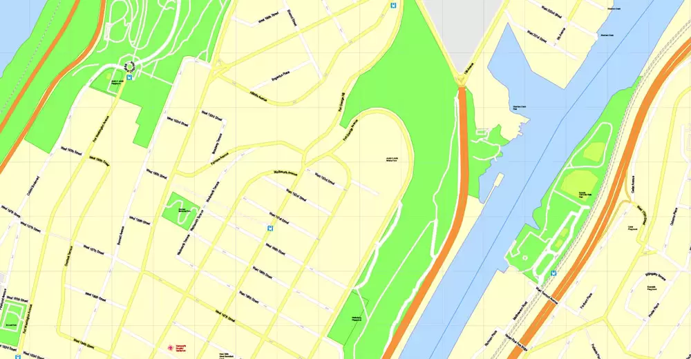 Printable Map Manhattan, New York, exact vector street G-View Level 17 (100 meters scale) map, V.08.12. fully editable, Adobe Illustrator, full vector, scalable, editable text format of street names, 4 Mb ZIP.