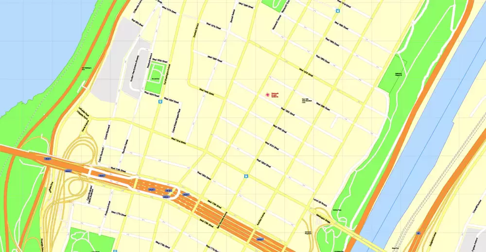 Printable Map Manhattan, New York, exact vector street G-View Level 17 (100 meters scale) map, V.08.12. fully editable, Adobe Illustrator, full vector, scalable, editable text format of street names, 4 Mb ZIP.