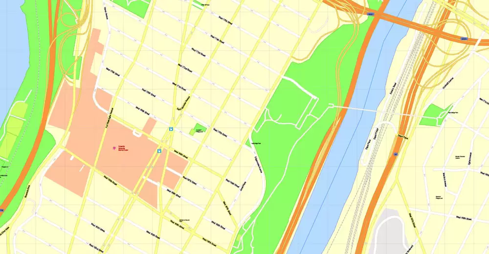 Printable Map Manhattan, New York, exact vector street G-View Level 17 (100 meters scale) map, V.08.12. fully editable, Adobe Illustrator, full vector, scalable, editable text format of street names, 4 Mb ZIP.
